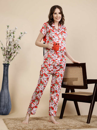 FABINALIV Red Floral Graphic Printed Women Night Suit