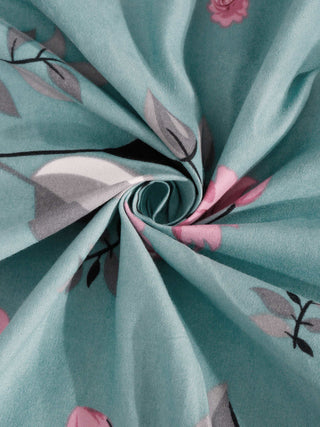 FABINALIV Turquoise Floral 300 TC Cotton Blend Single Bedsheet with Pillow Cover (225X150 cm)