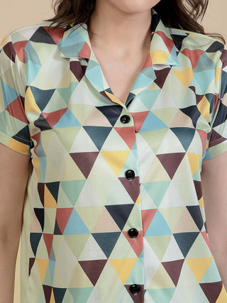 FABINALIV Multicolor Geometric Graphic Printed Women Night Suit