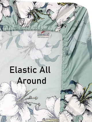 FABINALIV Green Floral 300 TC Cotton Blend King Size Fitted Double Bedsheet with 2 Pillow Covers (250X225 cm)