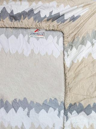 FABINALIV Beige Striped 300 TC Cotton Blend King Size Fitted Double Bedsheet with 2 Pillow Covers (250X225 cm)