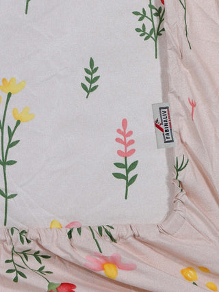 FABINALIV Peach Floral 300 TC Cotton Blend Super King Size Fitted Double Bedsheet with 2 Pillow Covers (270X270 cm)