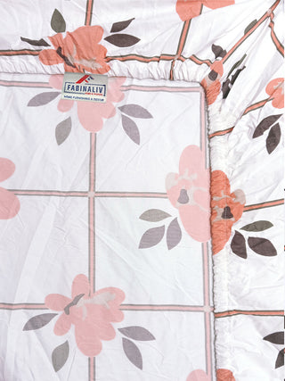 FABINALIV Orange Floral 300 TC Cotton Blend King Size Fitted Double Bedsheet with 2 Pillow Covers (250X225 cm)