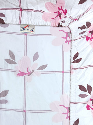 FABINALIV Pink Floral 300 TC Cotton Blend King Size Fitted Double Bedsheet with 2 Pillow Covers (250X225 cm)