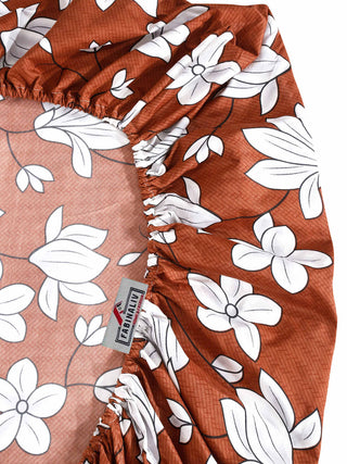 FABINALIV Rust Floral 300 TC Cotton Blend Super King Size Fitted Double Bedsheet with 2 Pillow Covers (270X270 cm)