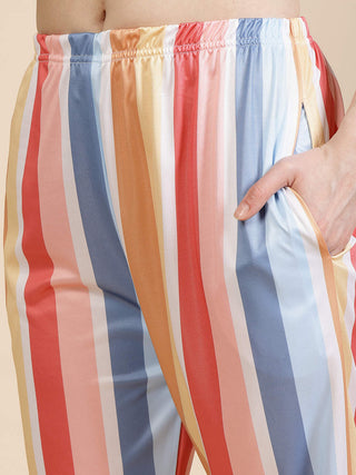 FABINALIV Multicolor Striped Graphic Printed Women Night Suit