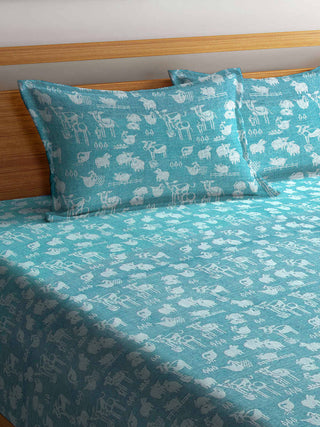 FABINALIV Turquoise Cartoon Design 100% Cotton Handwoven King Size Double Bedcover with 2 Pillow Covers (250X225 cm)