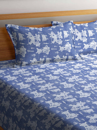 FABINALIV Blue Cartoon Design 100% Cotton Handwoven King Size Double Bedcover with 2 Pillow Covers (250X225 cm)