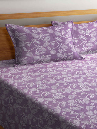 FABINALIV Purple Floral 100% Cotton Handwoven King Size Double Bedcover with 2 Pillow Covers (250X225 cm)
