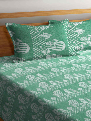 FABINALIV Green Cartoon Design 100% Cotton Handwoven King Size Double Bedcover with 2 Pillow Covers (250X225 cm)