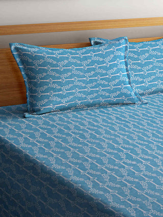FABINALIV Blue Floral 100% Cotton Handwoven King Size Double Bedcover with 2 Pillow Covers (250X225 cm)