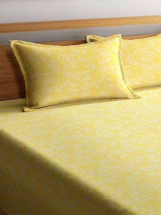 FABINALIV Yellow Floral 100% Cotton Handwoven King Size Double Bedcover with 2 Pillow Covers (250X225 cm)