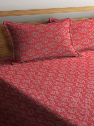 FABINALIV Red Ethnic 100% Cotton Handwoven King Size Double Bedcover with 2 Pillow Covers (250X225 cm)