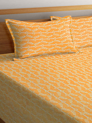 FABINALIV Mustard Floral 100% Cotton Handwoven King Size Double Bedcover with 2 Pillow Covers (250X225 cm)