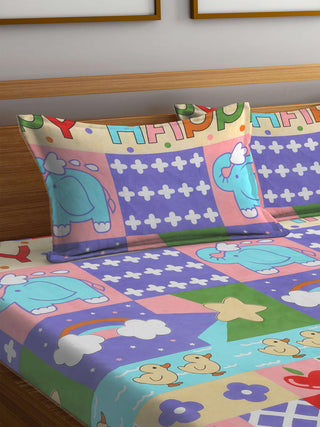 FABINALIV Multicolor Cartoon Print 300 TC Cotton Blend King Size Double Bedsheet with 2 Pillow Covers (250X225 cm)