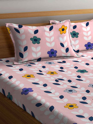 FABINALIV Pink Floral 210 TC Cotton Blend Super King Size Double Bedsheet with 2 Pillow Covers (270X270 cm)