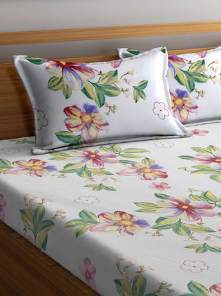 FABINALIV White Floral 210 TC Cotton Blend Super King Size Double Bedsheet with 2 Pillow Covers (270X270 cm)