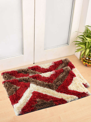FABINALIV Set of 2 Red Geometric Polyester Door Mats (60X40 cm)