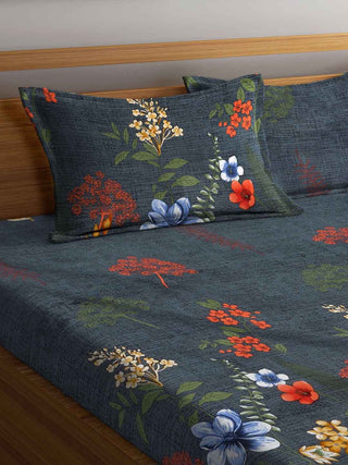 FABINALIV Grey Floral 300 TC Cotton Blend King Size Fitted Double Bedsheet with 2 Pillow Covers (250X225 cm)