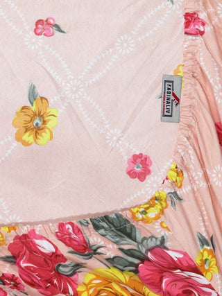 FABINALIV Peach Floral 300 TC Cotton Blend King Size Fitted Double Bedsheet with 2 Pillow Covers (250X225 cm)