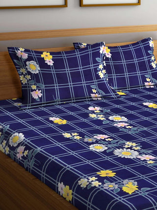 FABINALIV Blue Floral 300 TC Cotton Blend King Size Fitted Double Bedsheet with 2 Pillow Covers (250X225 cm)