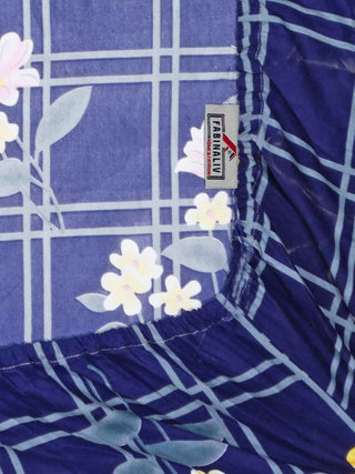 FABINALIV Blue Floral 300 TC Cotton Blend King Size Fitted Double Bedsheet with 2 Pillow Covers (250X225 cm)
