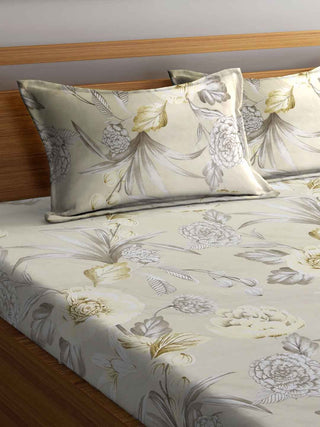 FABINALIV Cream Floral 300 TC Cotton Blend King Size Fitted Double Bedsheet with 2 Pillow Covers (250X225 cm)
