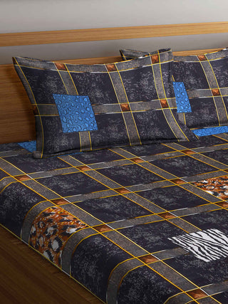 FABINALIV Black Geometric 300 TC Cotton Blend King Size Fitted Double Bedsheet with 2 Pillow Covers (250X225 cm)