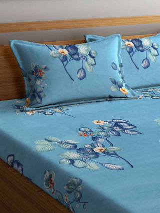 FABINALIV Blue Floral 300 TC Cotton Blend King Size Fitted Double Bedsheet with 2 Pillow Covers (250X225 cm)