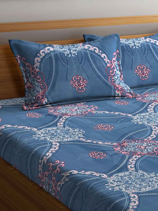 FABINALIV Blue Motifs 300 TC Cotton Blend King Size Fitted Double Bedsheet with 2 Pillow Covers (250X225 cm)