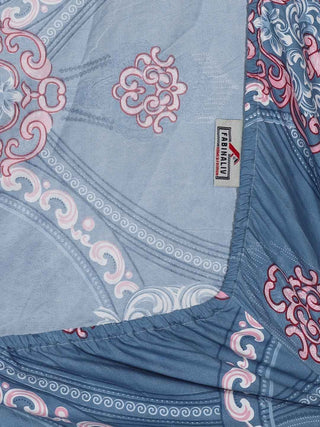 FABINALIV Blue Motifs 300 TC Cotton Blend King Size Fitted Double Bedsheet with 2 Pillow Covers (250X225 cm)