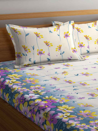 FABINALIV Cream Floral 300 TC Cotton Blend King Size Fitted Double Bedsheet with 2 Pillow Covers (250X225 cm)