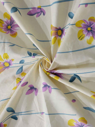 FABINALIV Cream Floral 300 TC Cotton Blend King Size Fitted Double Bedsheet with 2 Pillow Covers (250X225 cm)
