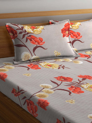 FABINALIV Beige Floral 300 TC Cotton Blend King Size Fitted Double Bedsheet with 2 Pillow Covers (250X225 cm)