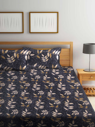 FABINALIV Black Floral 300 TC Cotton Blend King Size Fitted Double Bedsheet with 2 Pillow Covers (250X225 cm)