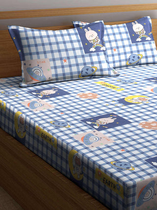 FABINALIV Blue Cartoon Print 300 TC Cotton Blend King Size Fitted Double Bedsheet with 2 Pillow Covers (250X225 cm)