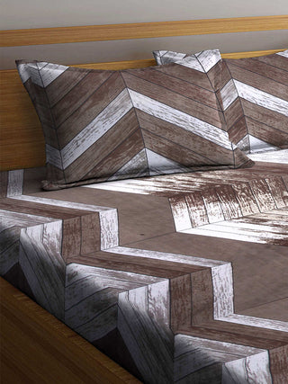FABINALIV Brown Geometric 300 TC Cotton Blend King Size Fitted Double Bedsheet with 2 Pillow Covers (250X225 cm)