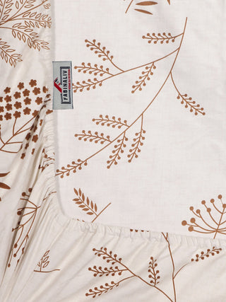 FABINALIV Cream Floral 300 TC Cotton Blend King Size Fitted Double Bedsheet with 2 Pillow Covers (250X225 cm)
