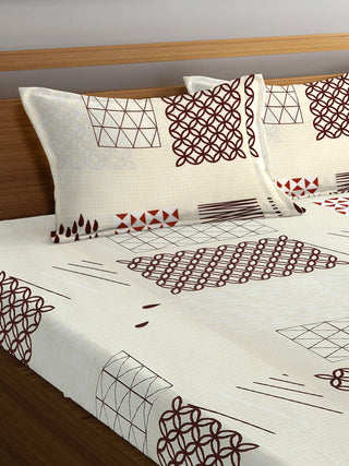 FABINALIV Cream Geometric 300 TC Cotton Blend King Size Fitted Double Bedsheet with 2 Pillow Covers (250X225 cm)