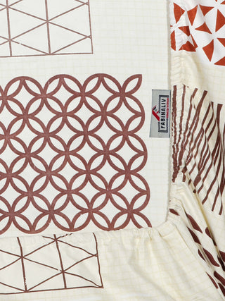 FABINALIV Cream Geometric 300 TC Cotton Blend King Size Fitted Double Bedsheet with 2 Pillow Covers (250X225 cm)