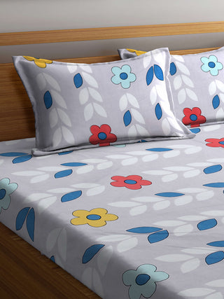 FABINALIV Grey Floral 300 TC Cotton Blend King Size Fitted Double Bedsheet with 2 Pillow Covers (250X225 cm)