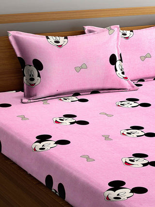 FABINALIV Pink Cartoon Print 300 TC Cotton Blend King Size Fitted Double Bedsheet with 2 Pillow Covers (250X225 cm)