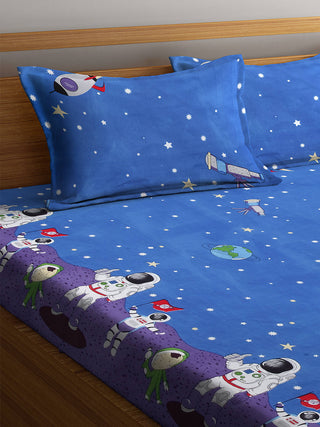 FABINALIV Blue Cartoon Print 300 TC Cotton Blend King Size Fitted Double Bedsheet with 2 Pillow Covers (250X225 cm)