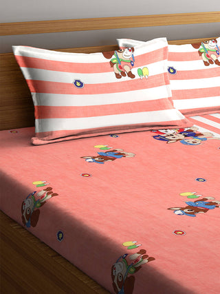 FABINALIV Peach Cartoon Print 300 TC Cotton Blend King Size Fitted Double Bedsheet with 2 Pillow Covers (250X225 cm)