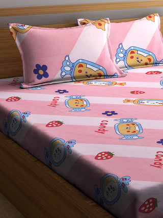 FABINALIV Pink Cartoon Print 300 TC Cotton Blend King Size Fitted Double Bedsheet with 2 Pillow Covers (250X225 cm)