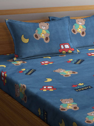 FABINALIV Blue Cartoon Print 300 TC Cotton Blend King Size Fitted Double Bedsheet with 2 Pillow Covers (250X225 cm)