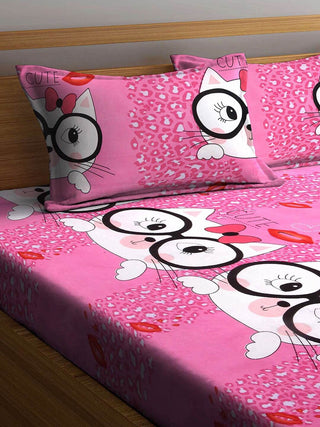 FABINALIV Pink Cartoon Print 300 TC Cotton Blend King Size Fitted Double Bedsheet with 2 Pillow Covers (250X225 cm)