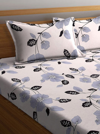 FABINALIV Cream Floral 300 TC Cotton Blend King Size Fitted Double Bedsheet with 2 Pillow Covers (250X225 cm)