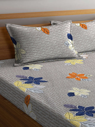 FABINALIV Beige Floral 300 TC Cotton Blend King Size Fitted Double Bedsheet with 2 Pillow Covers (250X225 cm)