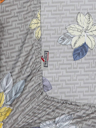 FABINALIV Beige Floral 300 TC Cotton Blend King Size Fitted Double Bedsheet with 2 Pillow Covers (250X225 cm)